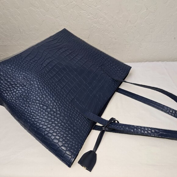 Mark and Graham Everyday Blue Italian Croc Embossed Leather Shoulder Tote Bag - Picture 13 of 13